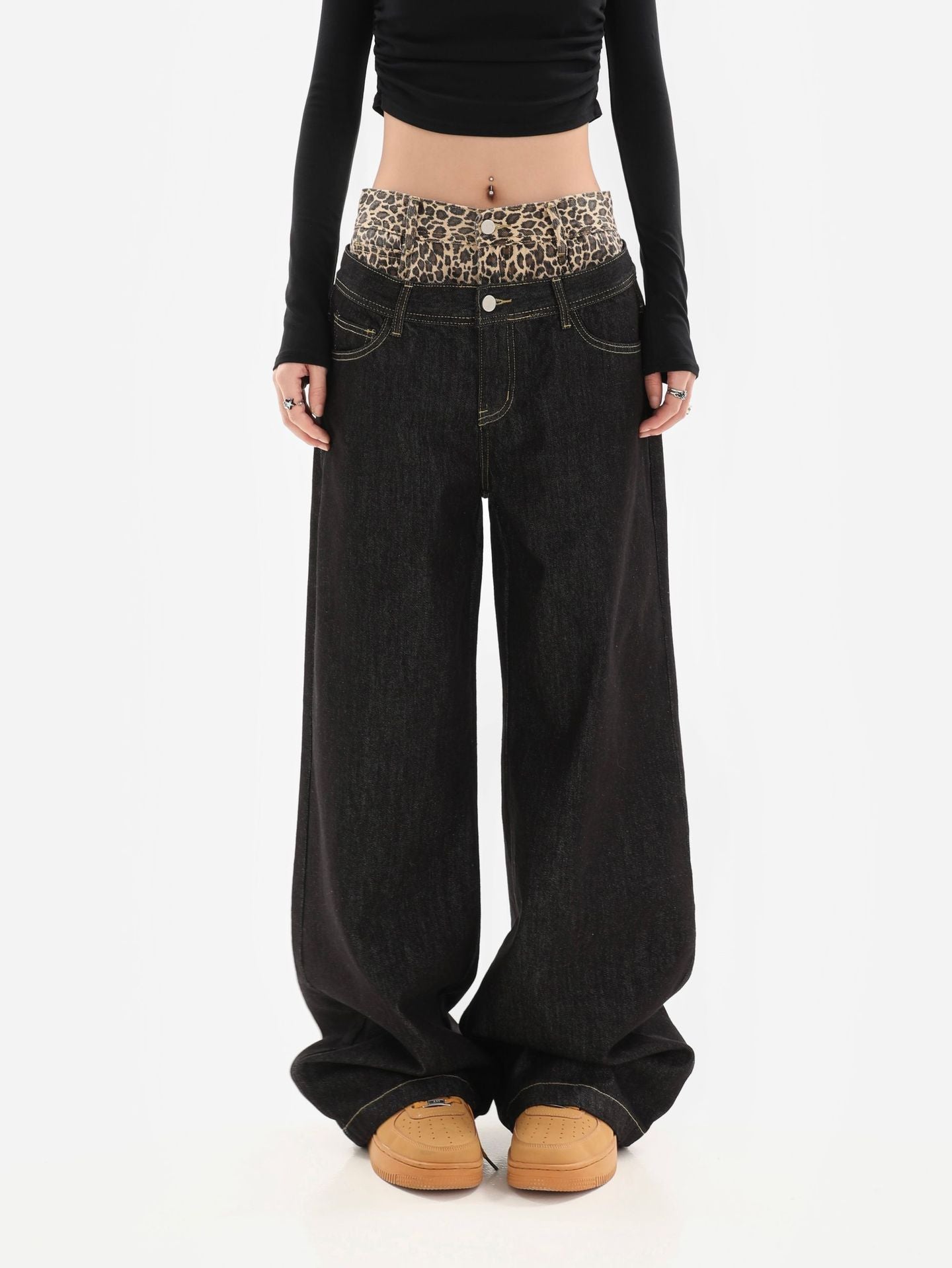 Leopard Waistband Wide-Leg Jeans mry001853