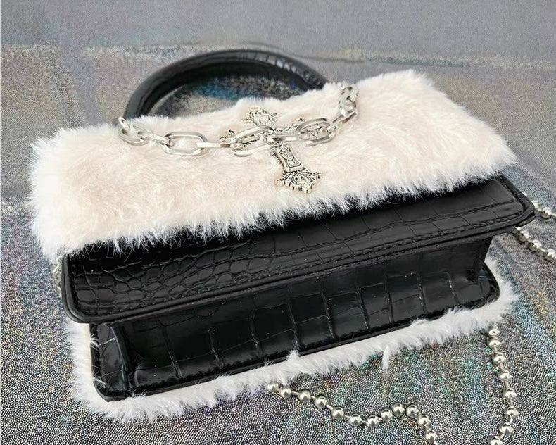 Faux Fur Cross Accent Handbag mry001854