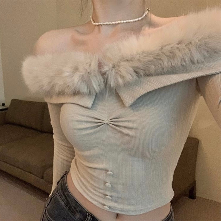 【Chéri】2カラー展開 オフショルダー フェイクファートップス mry001470