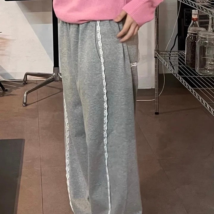【YURU:FIT/2color】韓国デザイン 韓国ストリート リラックスフィット レース ワイドパンツ mry001198