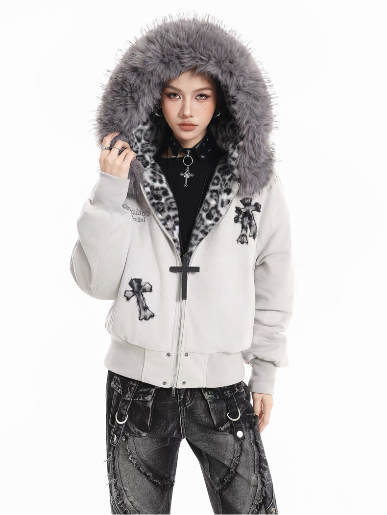 Leopard Lined Fur Hood Jacket mry002068