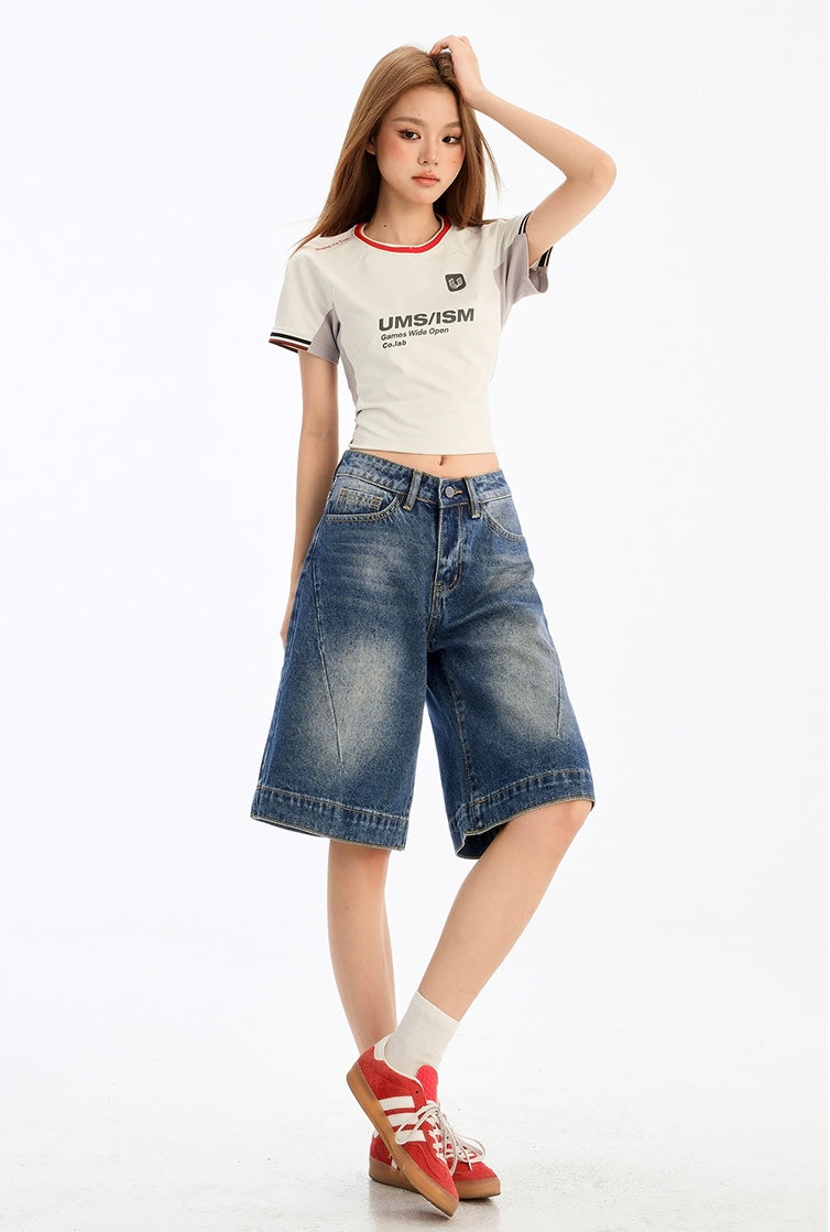 Retro Washed Wide-Leg Denim Shorts mry001752