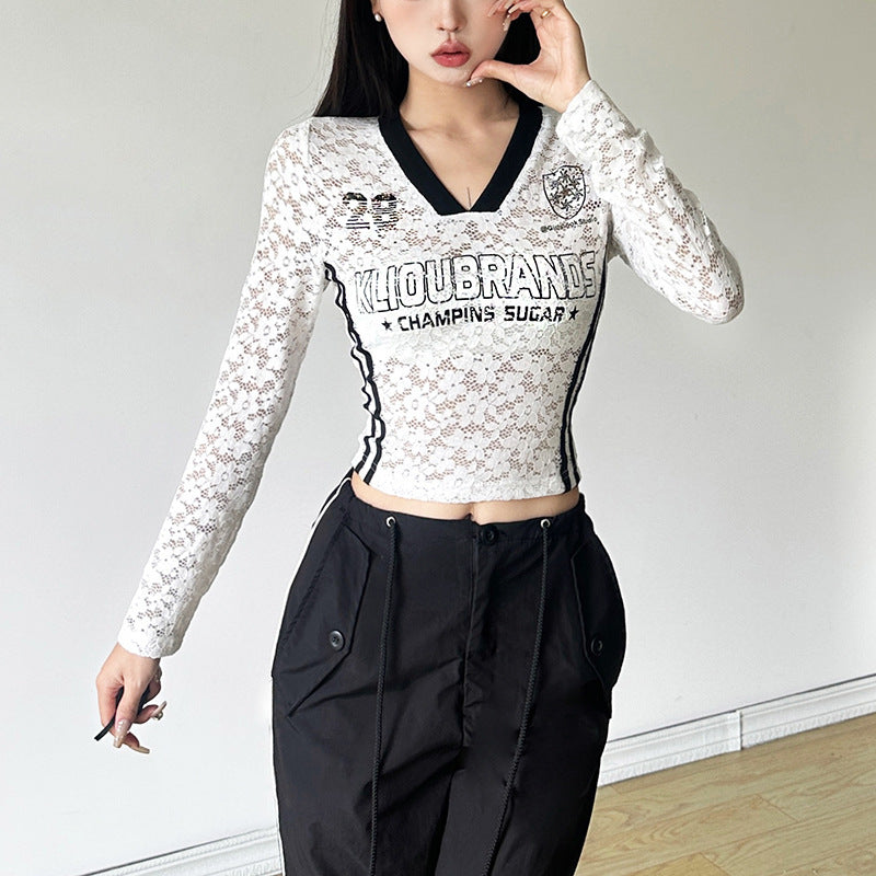 【Carina】2カラー展開 ヨーロッパ 韓国デザイン 韓国ストリート レース素材 長袖トップス mry001100