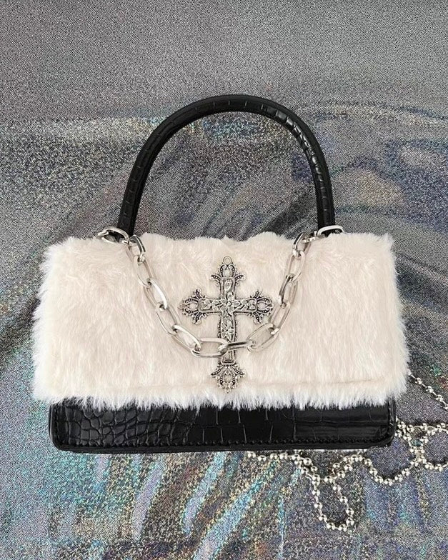 Faux Fur Cross Accent Handbag mry001854