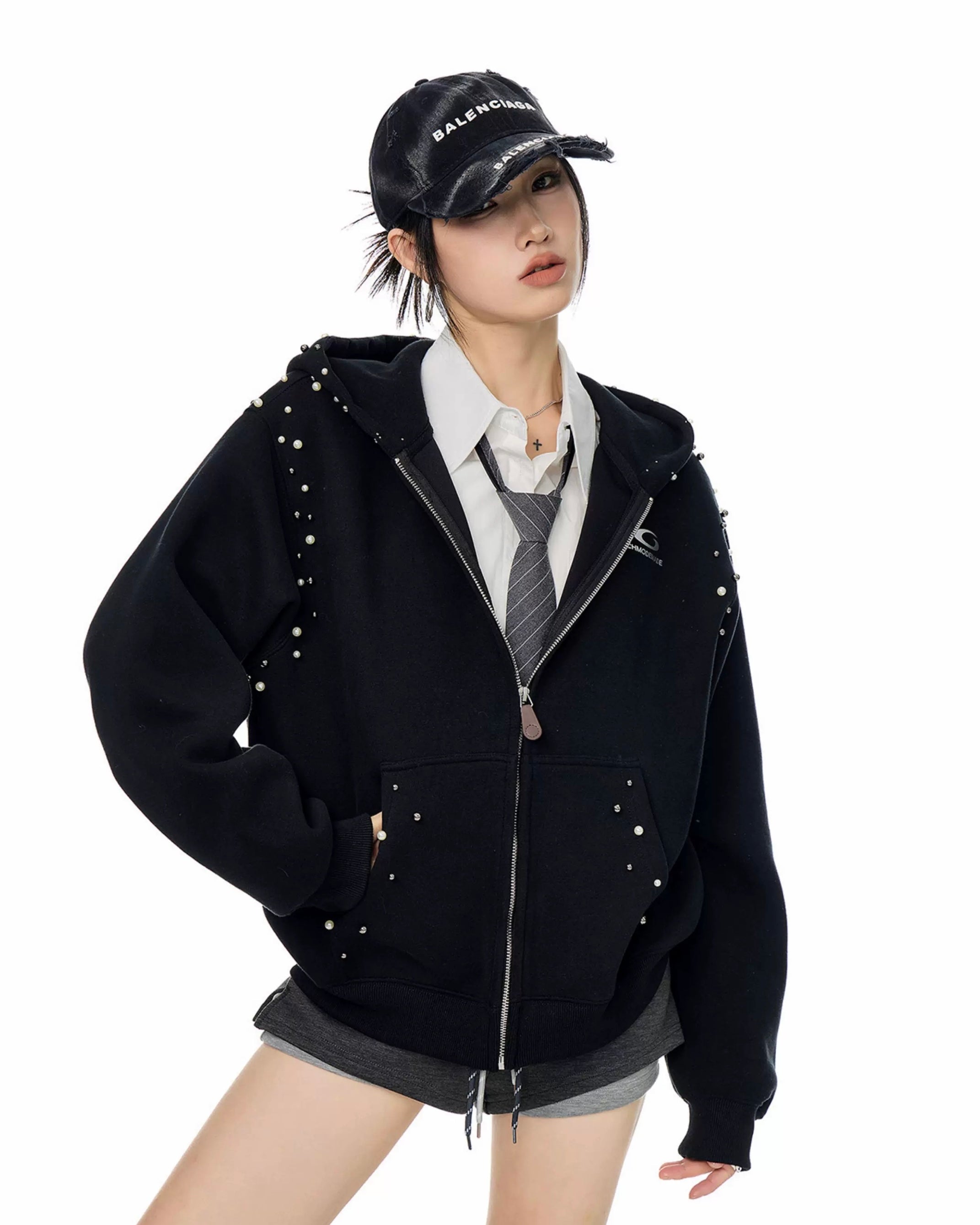【Tops】Pearl Studded Oversized Zip Hoodie mry001895