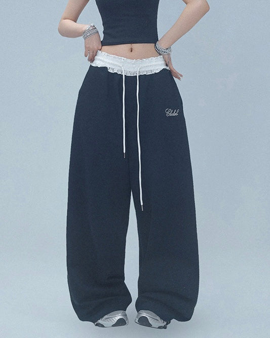 【YURU:FIT】Lace Waist Wide-Leg Sweatpants mry001877