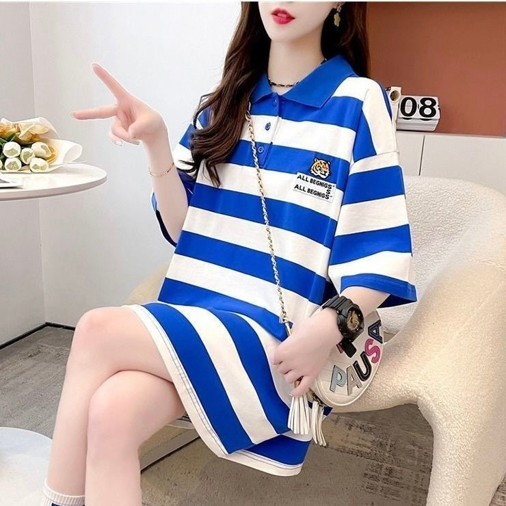 ミドル丈 ストライプ 半袖 ポロシャツ mry000042