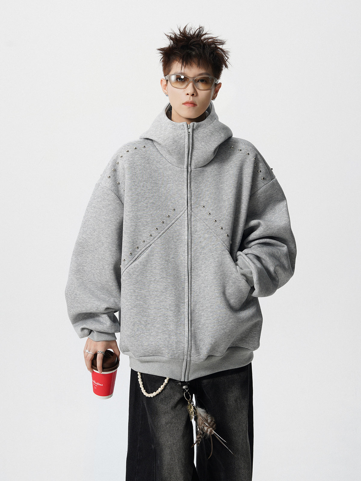 【評価★4.8以上/3color】Studded Oversized Zip Hoodie mry001897