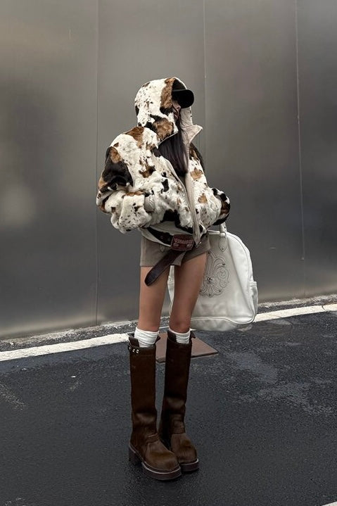 Cow Print Faux Fur Hoodie Jacket mry002218
