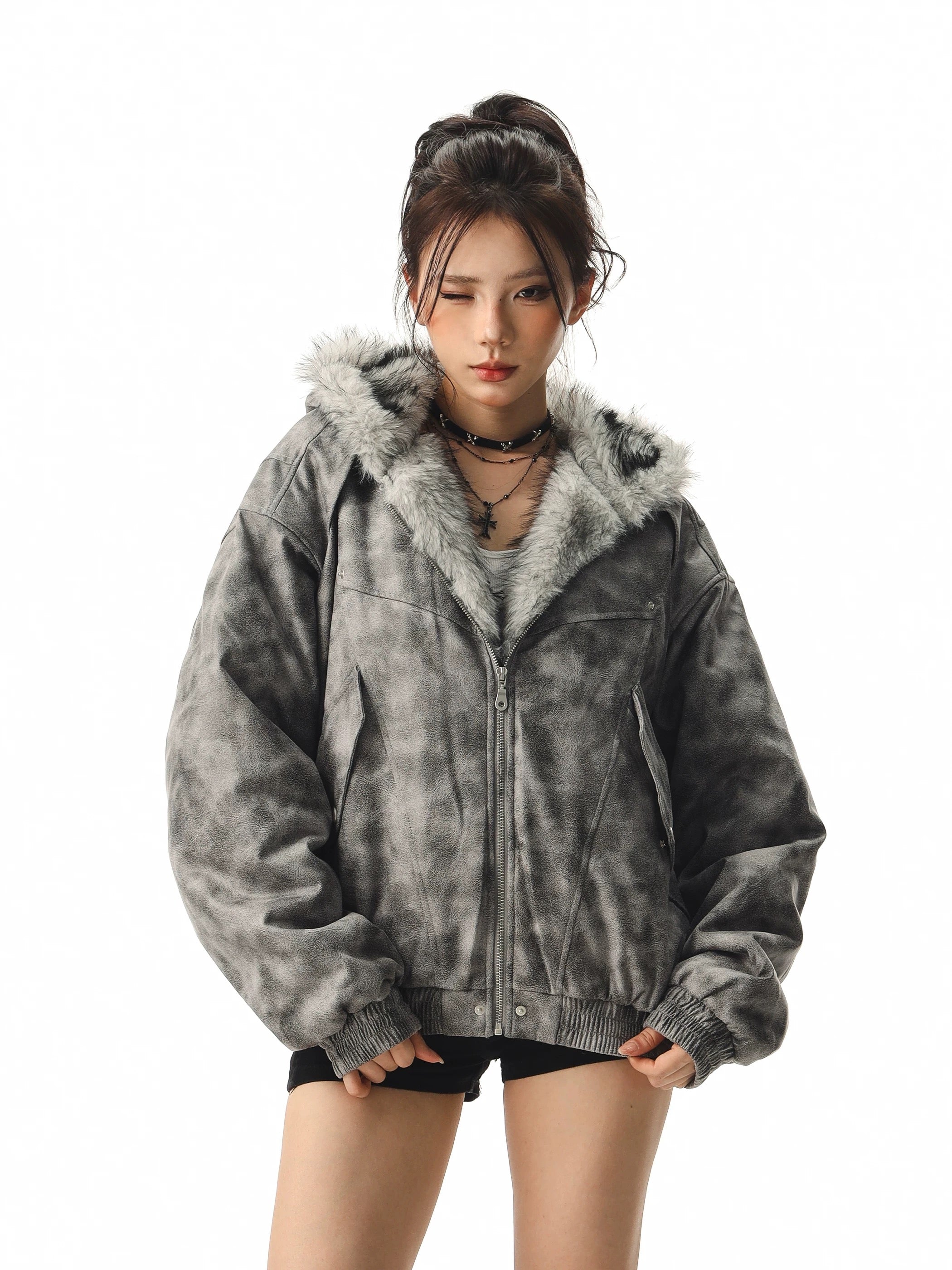 【評価★4.8以上】Vintage Washed Faux Fur Hooded Jacket mry001945