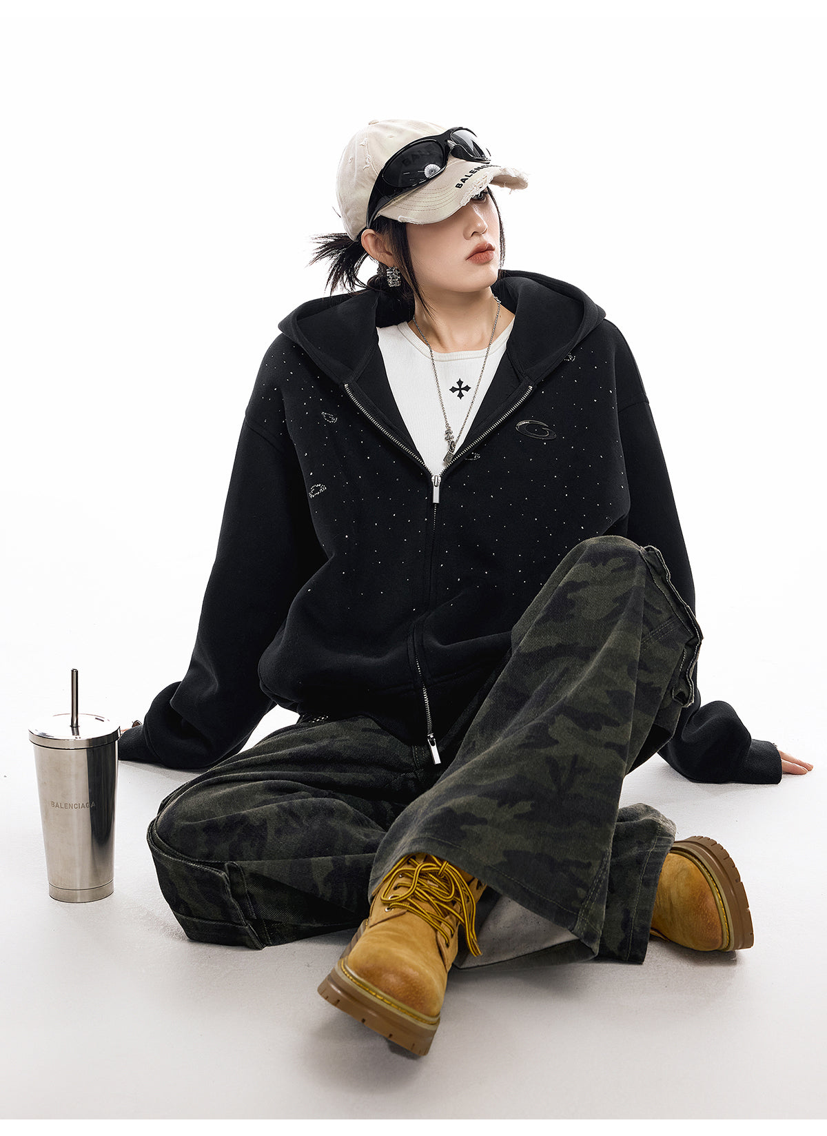 【評価★4.8以上/高品質】Rhinestone Embellished Oversized Zip Hoodie mry001898