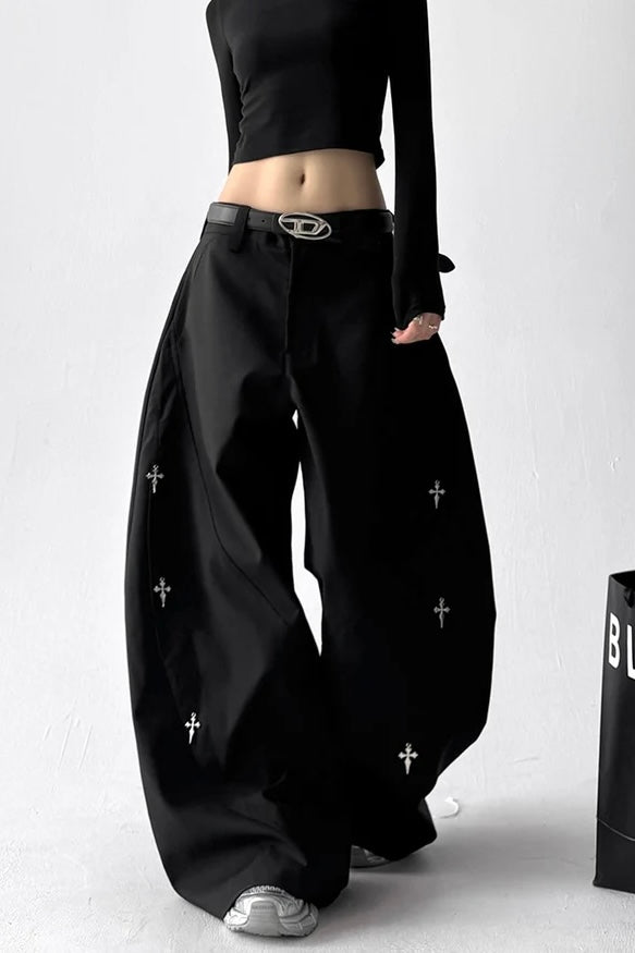 【COVER:FIT】 Cross Embroidery Wide-Leg Black Pants mry001871