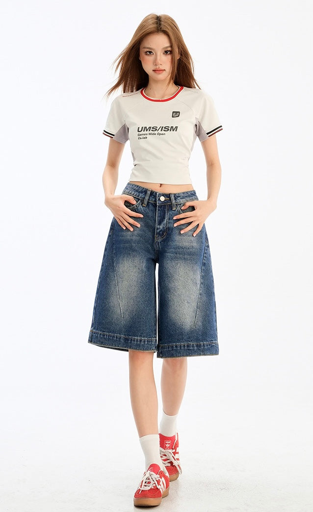 Retro Washed Wide-Leg Denim Shorts mry001752