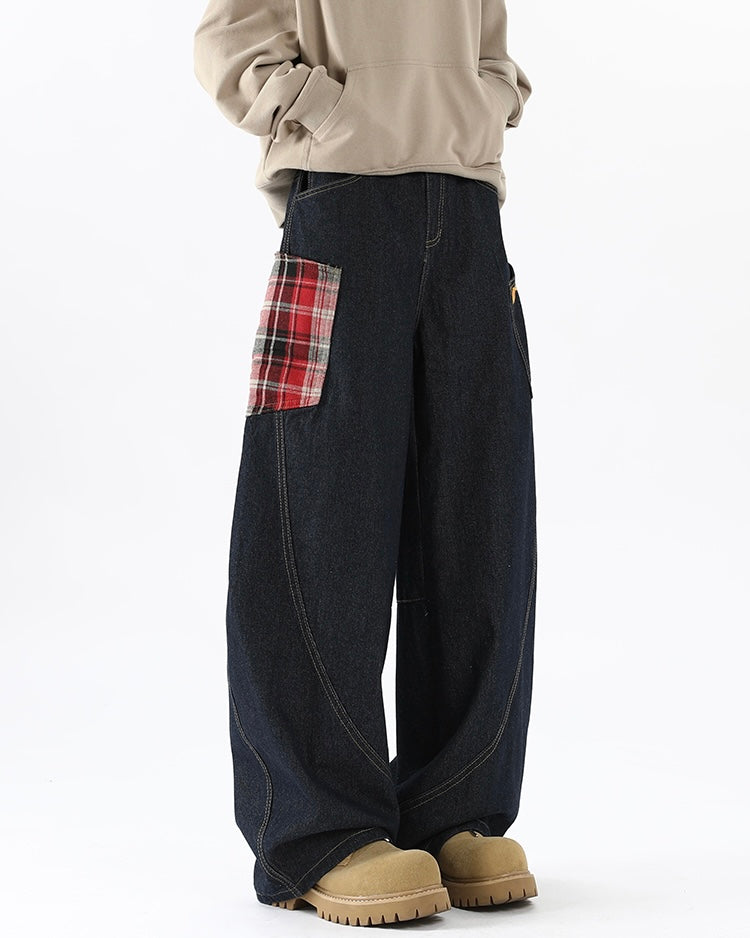 【COVER:FIT】 Plaid Patch Wide-Leg Denim Pants mry001859