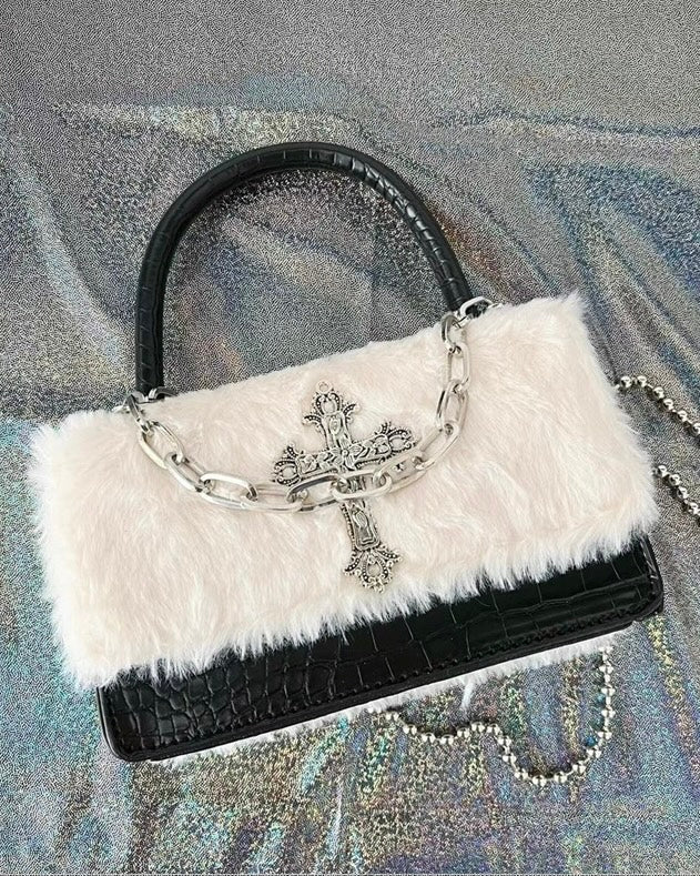 Faux Fur Cross Accent Handbag mry001854