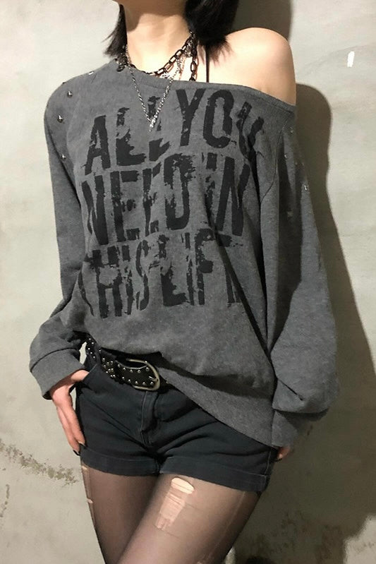 Distressed Graphic Off-Shoulder Top mry002273