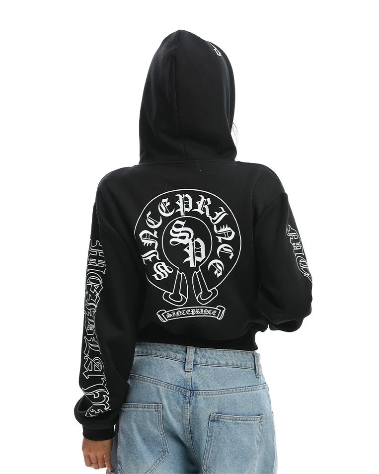 【Tops】Gothic Logo Cropped Zip Hoodie mry001888