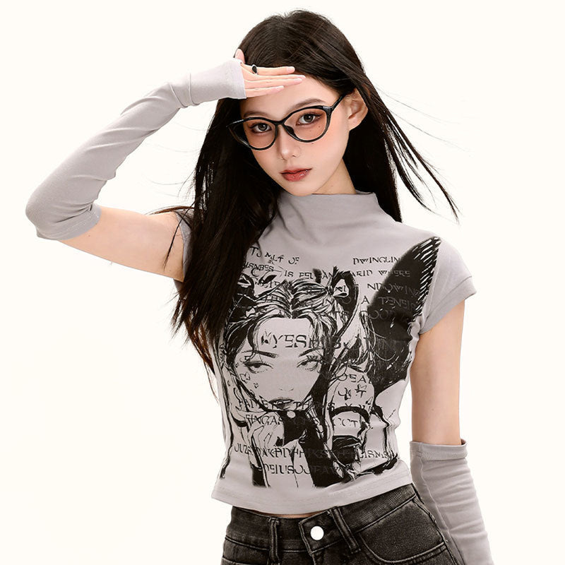 【2color】Cyber Graphic Mock Neck T-Shirt mry001713