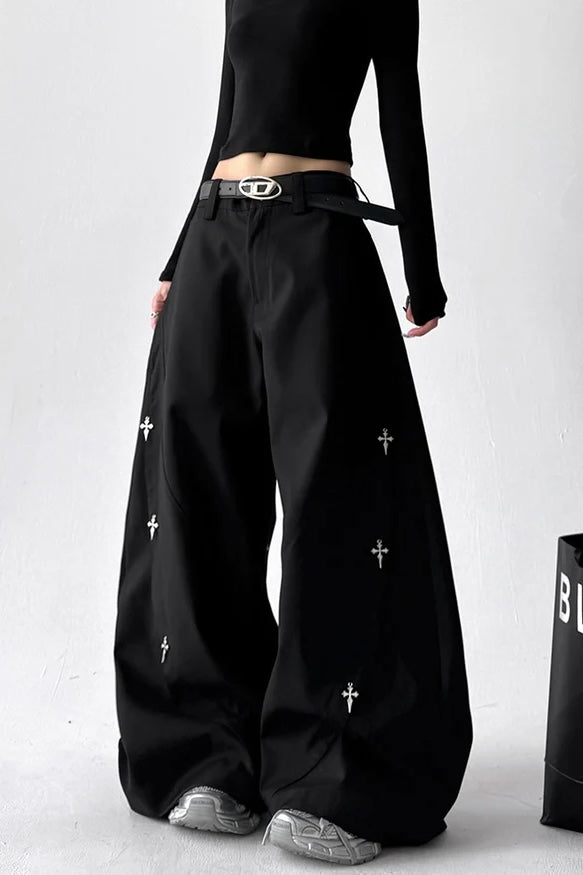 【COVER:FIT】 Cross Embroidery Wide-Leg Black Pants mry001871