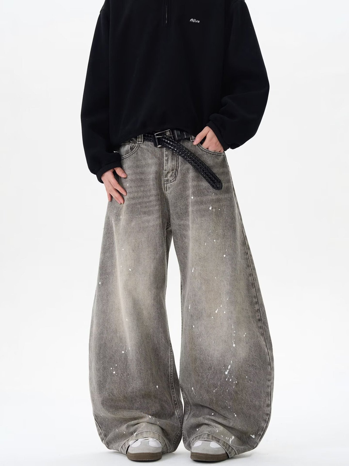 『評価★4.8以上/購入率 No.1🛍️』【COVER:FIT】Grunge Paint-Splatter Wide-Leg Denim Pants mry001630