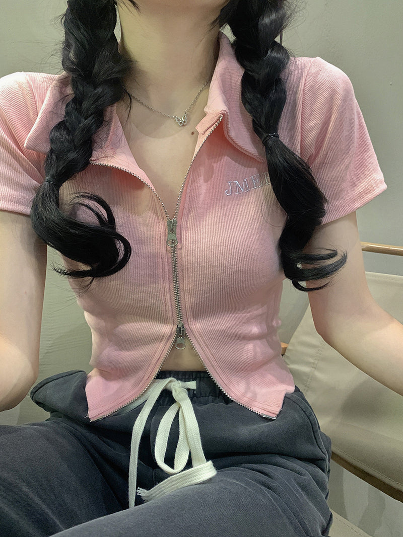 【送料無料】2カラー展開 センタージップ 半袖トップス 韓国カジュアル 韓国ガーリー mry000671
