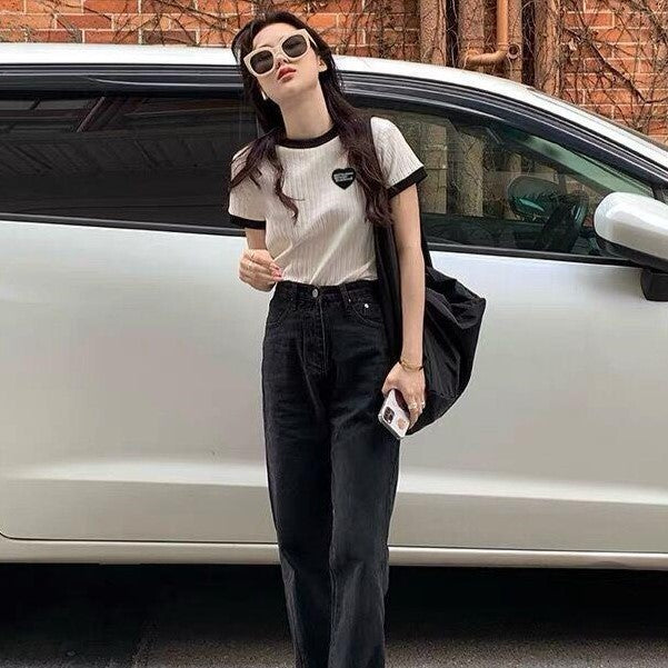 ワンポイント 半袖ニット トップス サマーニット 韓国カジュアル 韓国ガーリー mry000668