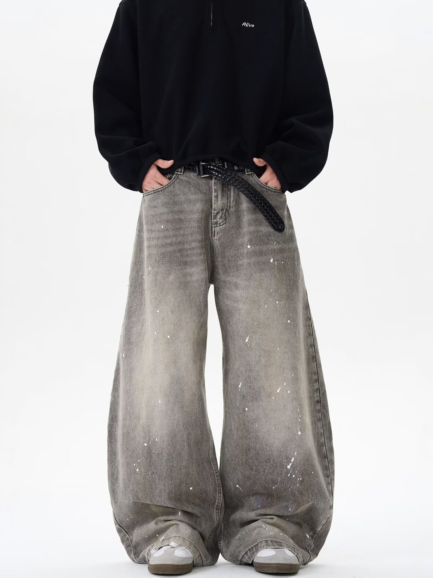 『評価★4.8以上/購入率 No.1🛍️』【COVER:FIT】Grunge Paint-Splatter Wide-Leg Denim Pants mry001630