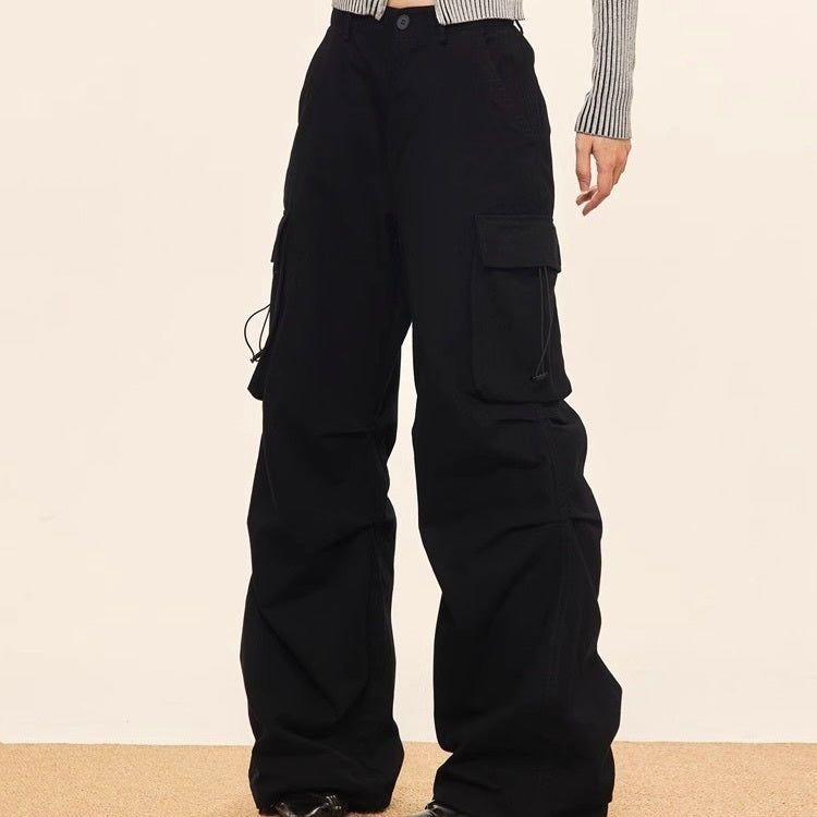 【Orchid】ヨーロッパ 韓国ストリート 韓国カジュアル ブラック ワイドシルエット カーゴパンツ mry001177