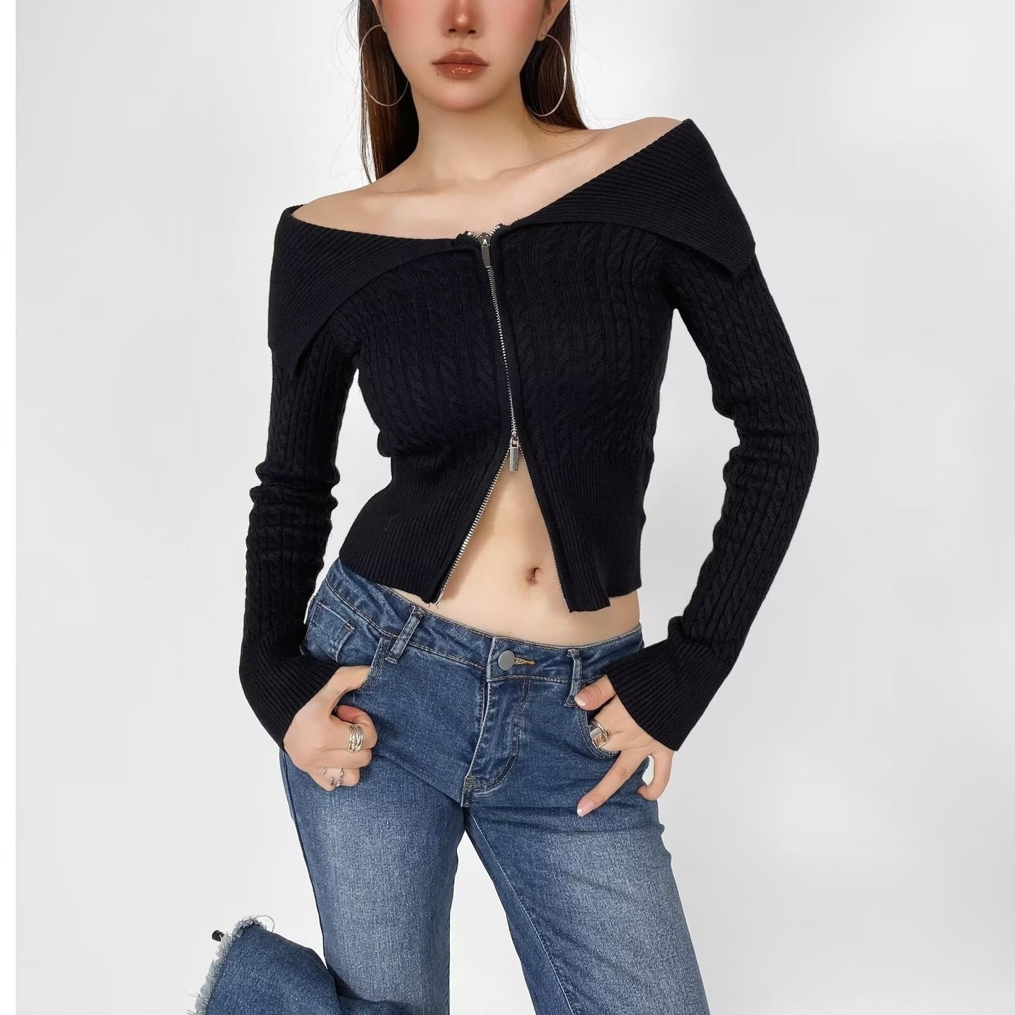 4カラー展開 韓国デザイン 韓国カジュアル オフショルダー リブ編みニット カーディガン mry001118