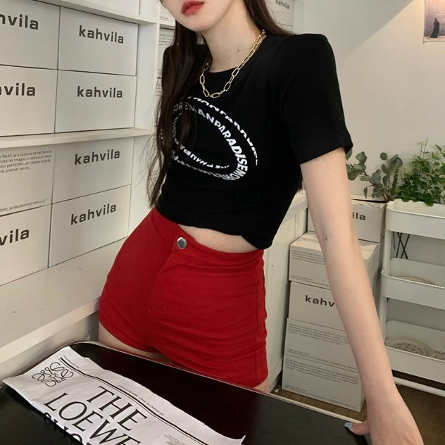 レタープリント スリムフィット ショートトップス mry000099