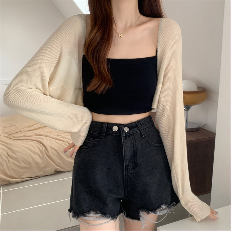 ショートブラウス 薄手ニットカーディガン mry000004