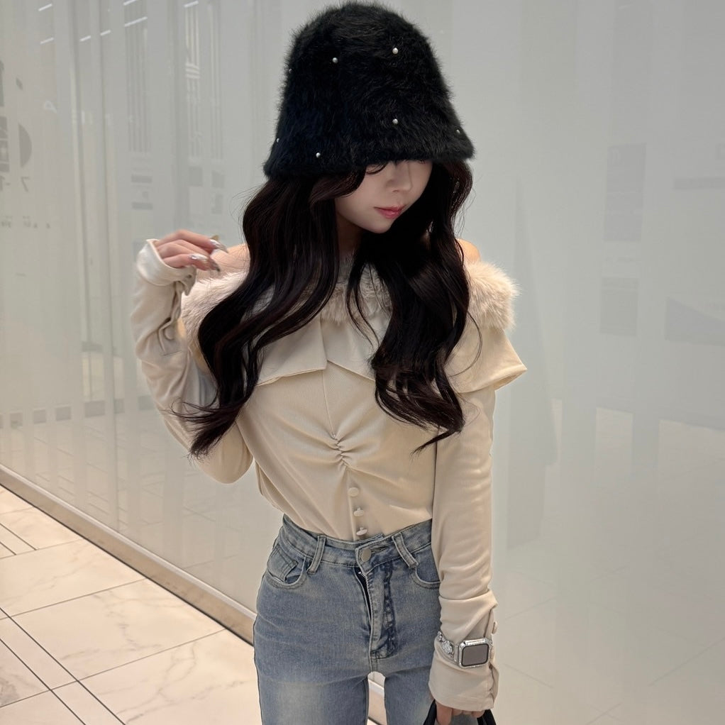 【Chéri】2カラー展開 オフショルダー フェイクファートップス mry001470