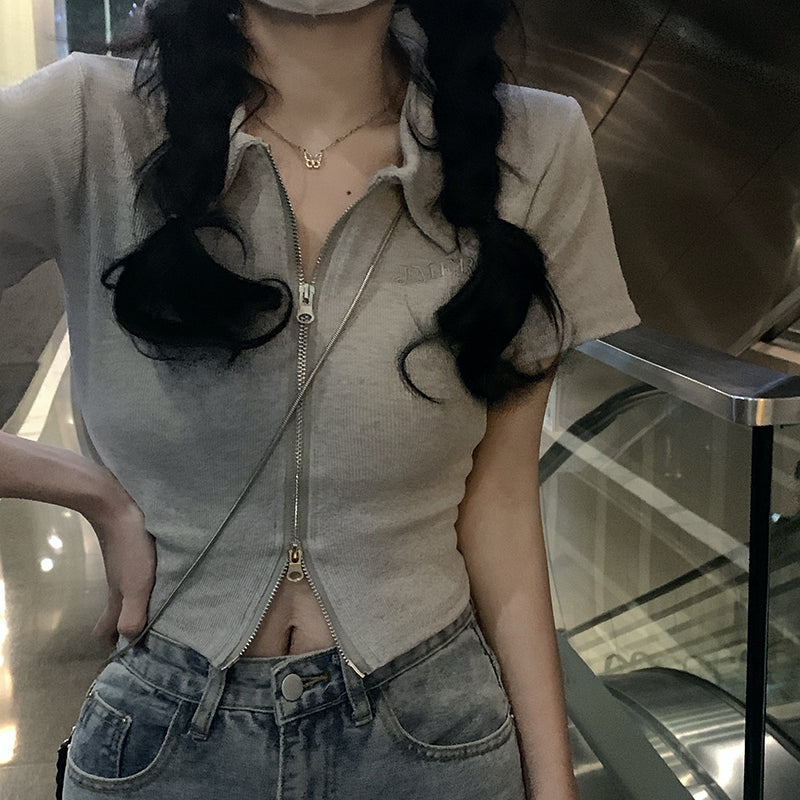 【送料無料】2カラー展開 センタージップ 半袖トップス 韓国カジュアル 韓国ガーリー mry000671