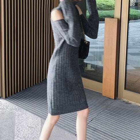 肩開き ニットワンピース タートルネック mry000413