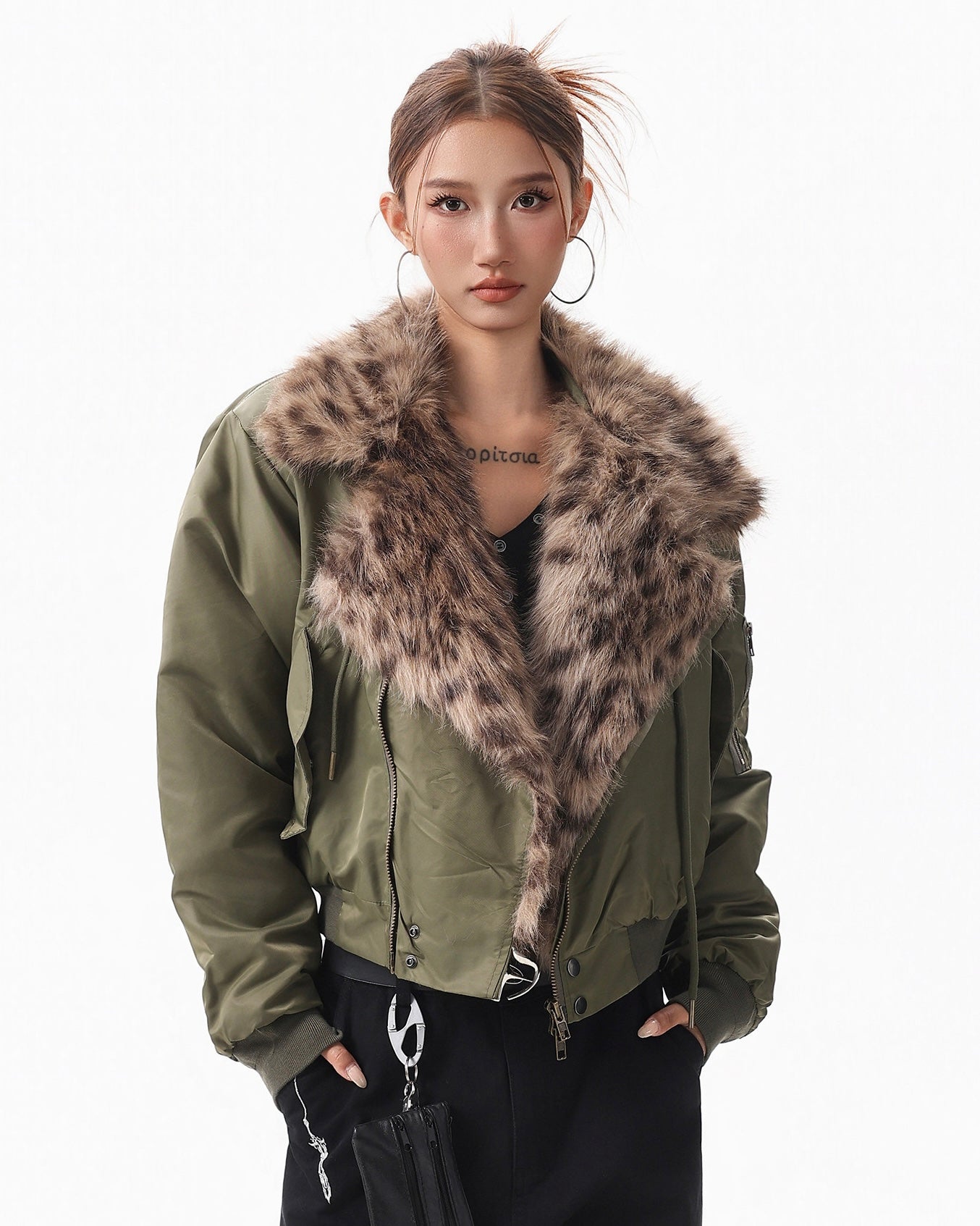 Leopard Faux Fur Collar Bomber mry002092
