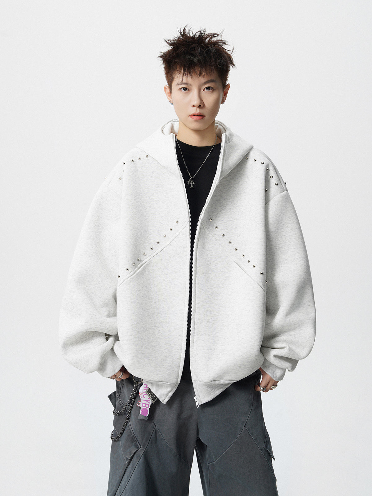 【評価★4.8以上/3color】Studded Oversized Zip Hoodie mry001897