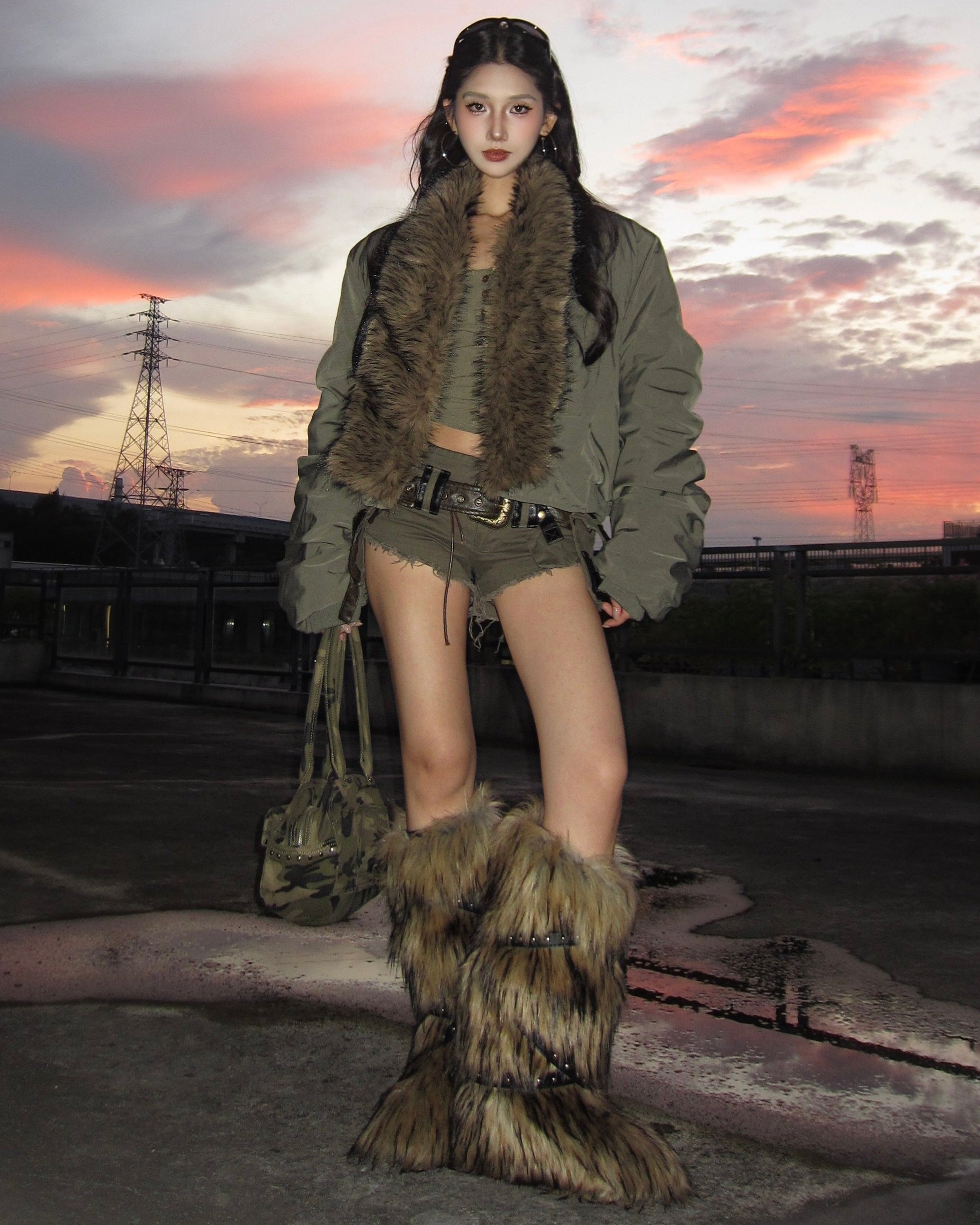 Faux Fur Collar Bomber Jacket mry002091