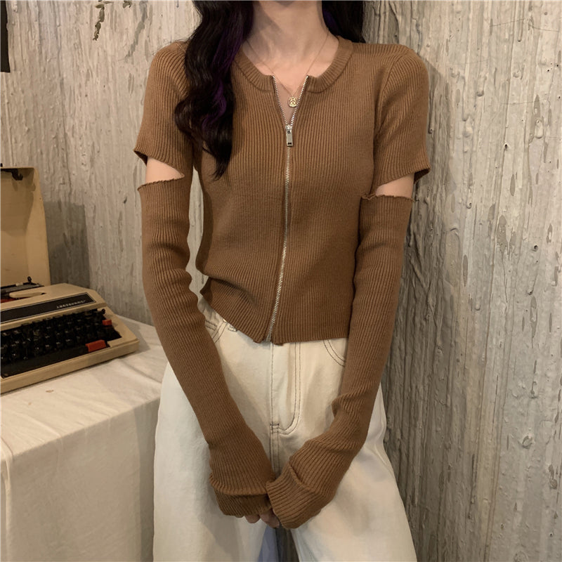 【送料無料】4カラー展開 ジッパー 長袖ニット 夏カーディガン カジュアル ストリート mry000642