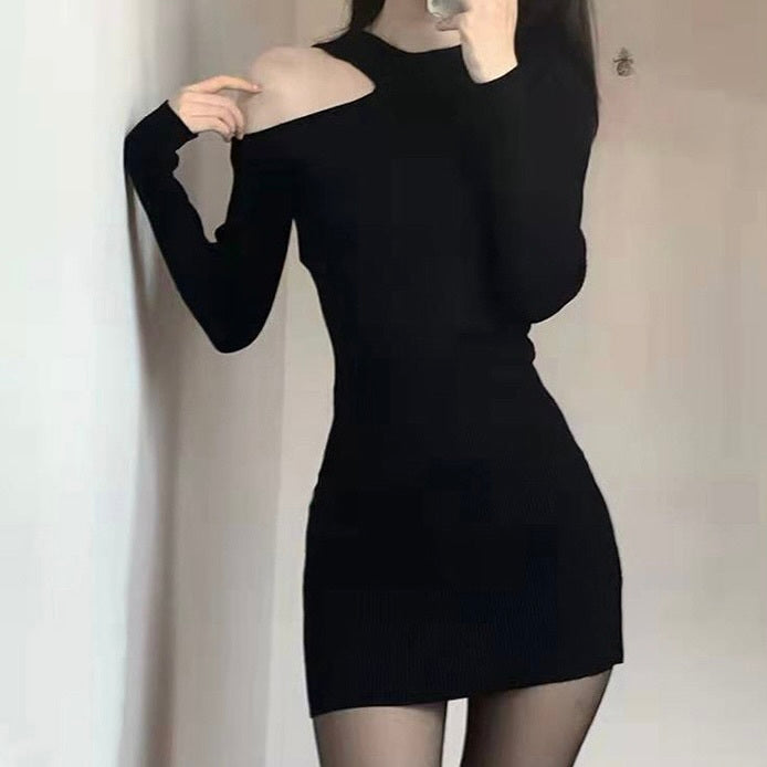 【Plaisir】韓国デザイン 韓国カジュアル シンプル ワンショルダーニットワンピース mry001157