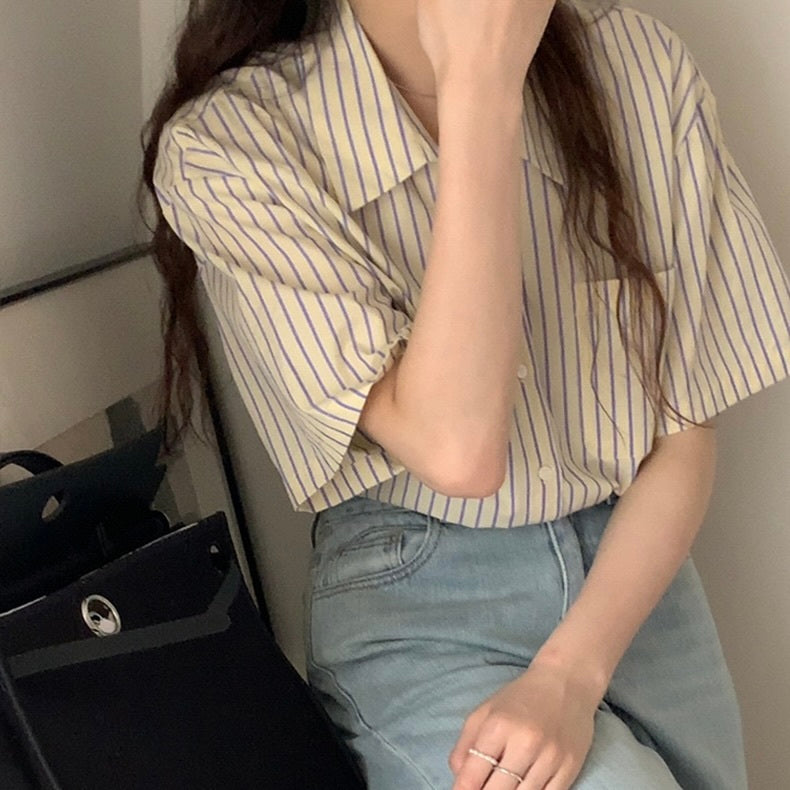 ラペル半袖 ストライプシャツ mry000062