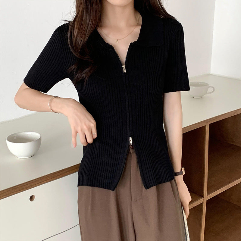 ラペルジッパートップス 薄手ニット 半袖 mry000009
