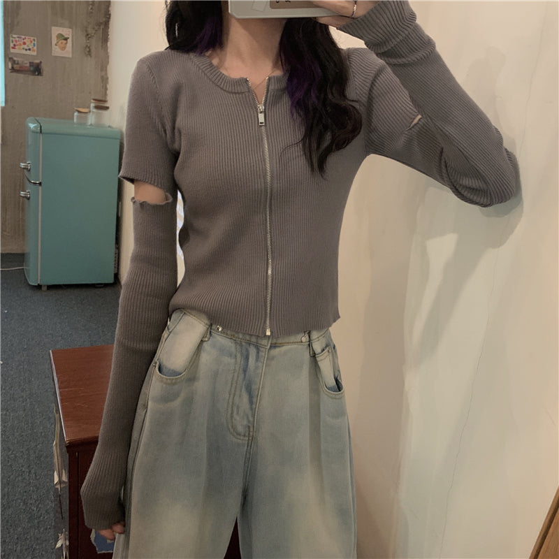 【送料無料】4カラー展開 ジッパー 長袖ニット 夏カーディガン カジュアル ストリート mry000642