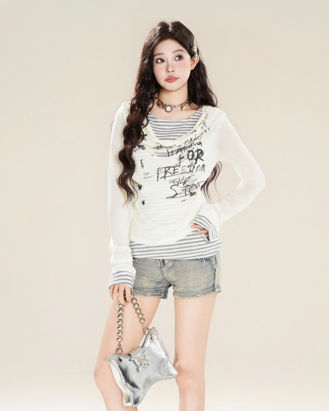 【2color】 Layered Graphic Mesh Long Sleeve Top mry001851