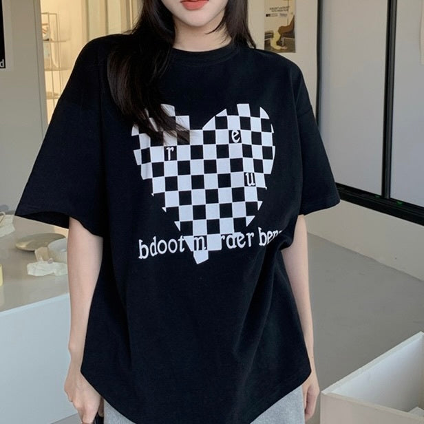 モノクロハート ニッチルーズ カジュアル 半袖トップス mry000091