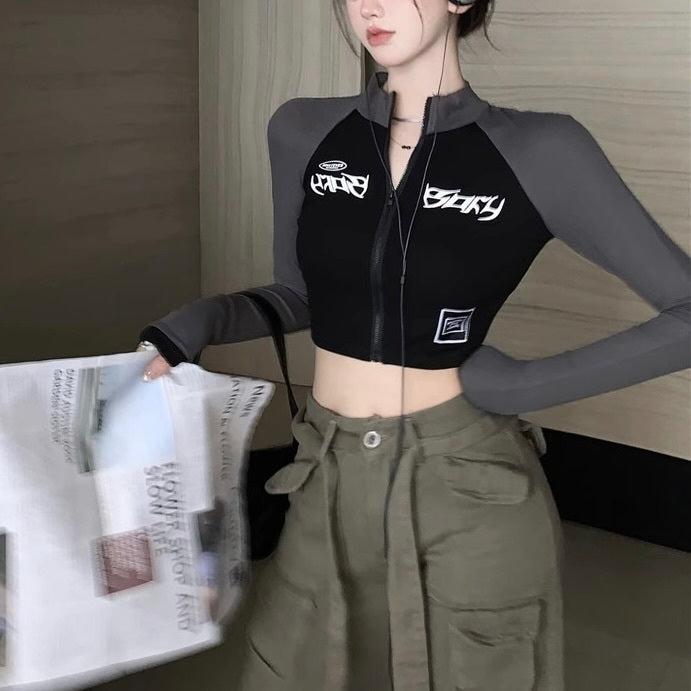 韓国ストリート 韓国デザイン 韓国カジュアル ショート丈 モノトーン ジップアップトップス mry001195