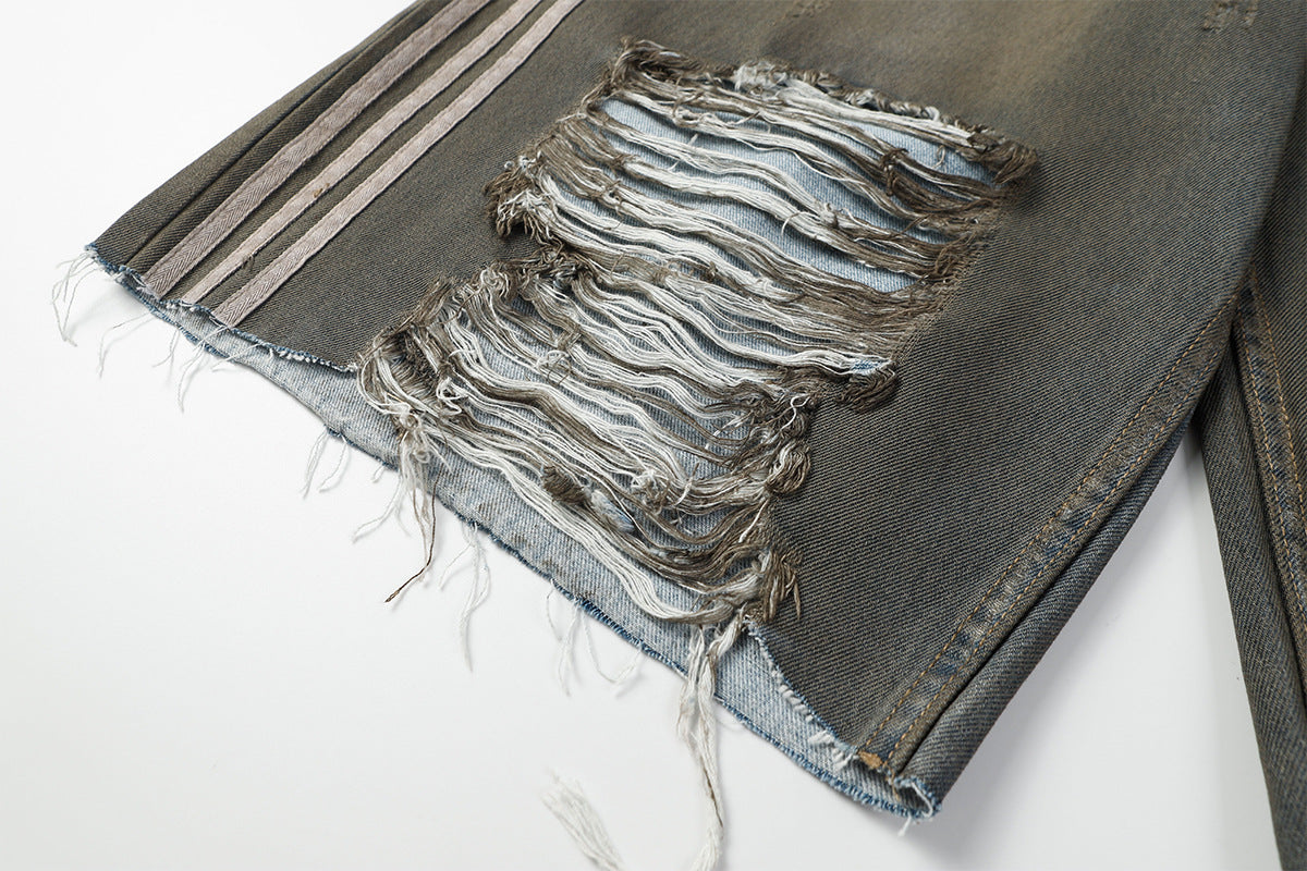 Triple Stripe Distressed Wide Denim Shorts mry001692