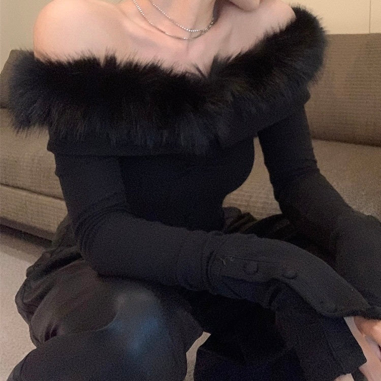 【Chéri】2カラー展開 オフショルダー フェイクファートップス mry001470