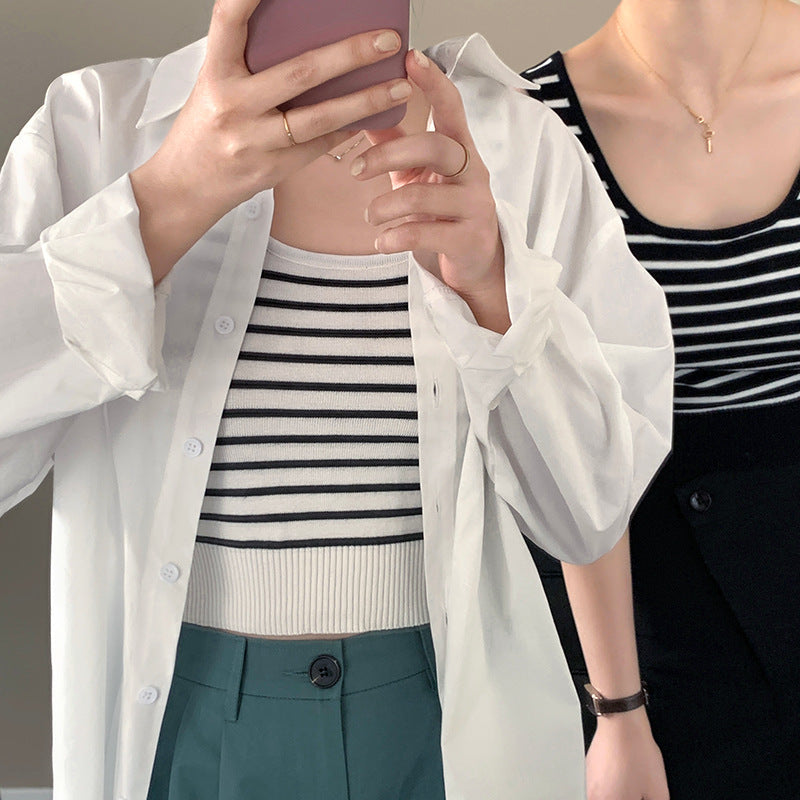 【送料無料】ストライプ 3カラー展開 ノースリーブ ショート丈 ニット シャツ mry000635