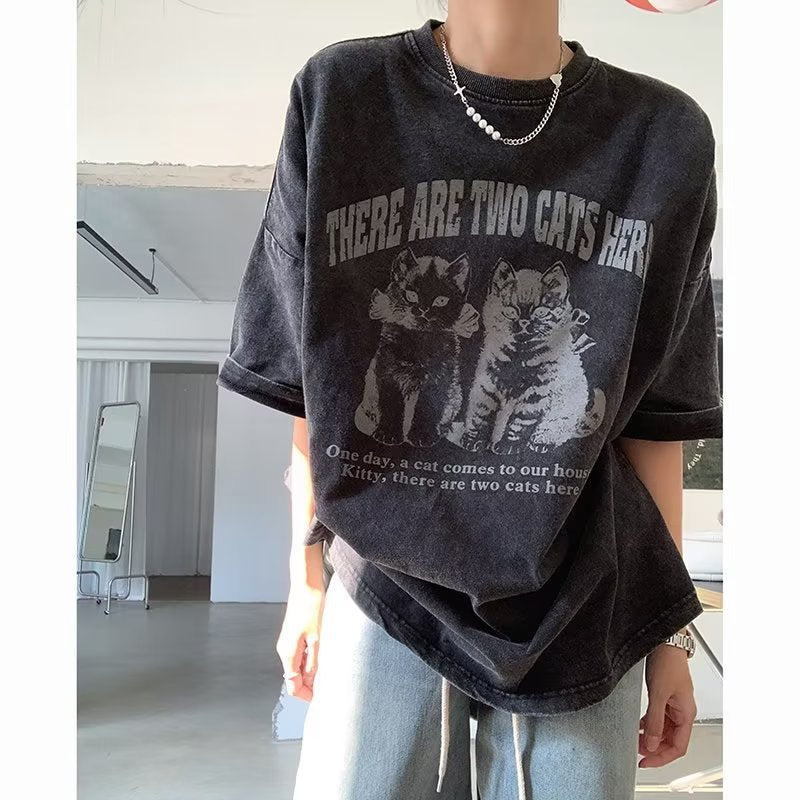 Grunge Cat Print Washed T-Shirt mry001715
