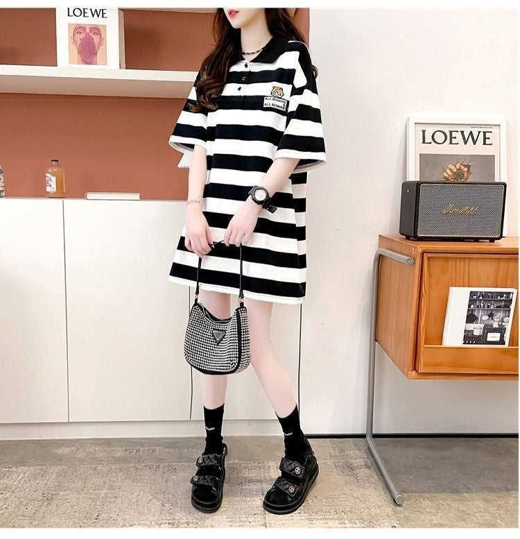 ミドル丈 ストライプ 半袖 ポロシャツ mry000042